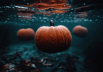 A stock image of Halloween pumpkins decorated underwater, set against a bright teal and orange sunny background