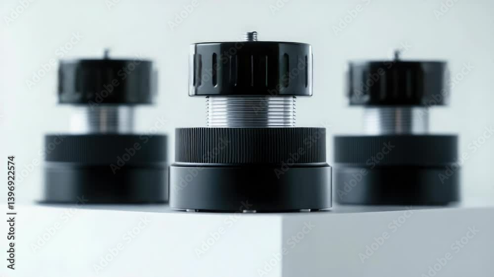 Poster a close-up view of two black camera lenses, ready for use.
