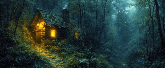 Cozy cabin in the misty woods