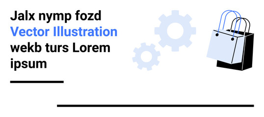 Shopping bags placed near rotating gears symbolizing synergy between retail and technology. Ideal for e-commerce, innovation, retail, automation, consumer trends, logistics, flat landing page banner