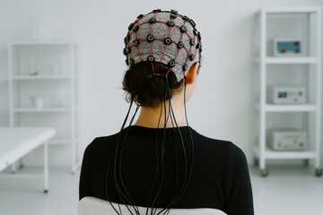 Person undergoing EEG testing in a clinical setting.