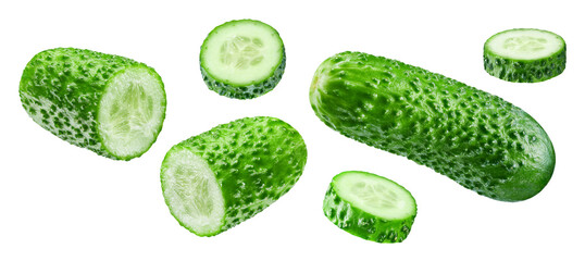 Cucumber slices levitating in air. Cucumber isolated on white background Clipping Path