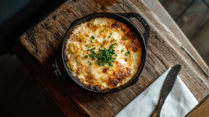Carbonara served in a skillet-style dish on a wooden board with rustic charm