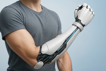 Robotic arm attached to a human, showcasing advanced technology.
