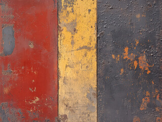 Rustic Metal Panels: A close-up shot of weathered metal panels in a spectrum of rich colors like red, yellow, and black, creating an abstract interplay of texture and hue.