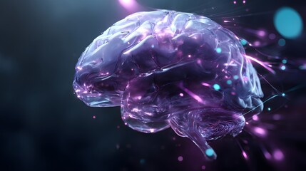 AI brain made of glowing circuits floating in a neon blue digital space, surrounded by data streams and tech particles, isometric view