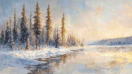Obraz premium Winter landscape, sunlit trees and river