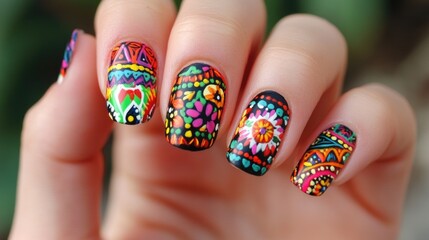 Vivid tribal nail art with intricate patterns and bright colors on fingernails. Cinco de Mayo, Battle of Puebla Day, Mexican Heritage Festival - Latin American Cultural Celebration