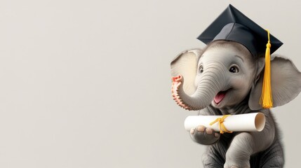 Adorable elephant calf wearing graduation cap holding diploma against gray background. Back to School, School Season, First Day of School - Education Supplies, Academic Year Beginning