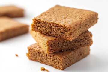 A stack of square baked goods on a white surface