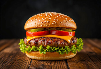 Juicy Cheeseburger on Rustic Wood Sesame Bun Melted Cheese Fresh Lettuce