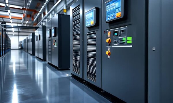 Rows of dark gray server power equipment in a data center.