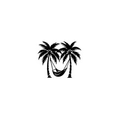 Hammock between two palm trees silhouette, black and white silhouette, vector and illustration 
