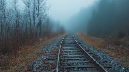 Obraz premium Misty Railway Track Leading into Foggy Forest