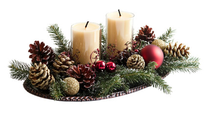 Holiday table centerpiece with candles and pinecones festive home decor christmas cozy atmosphere decorative arrangement