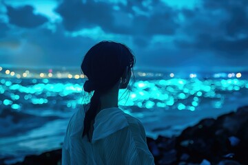A lone woman gazes at a mesmerizing bioluminescent ocean at night, city lights twinkling in the distance.