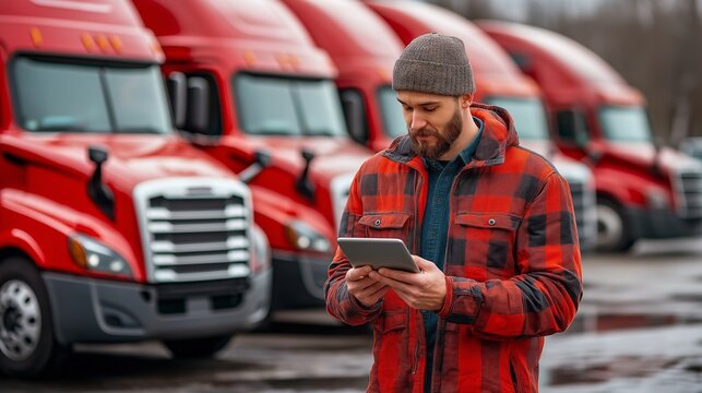 A man wearing a checkered jacket and a beanie stands attentively with a tablet in hand, focused on the row of striking red semi trucks behind him in a logistics yard