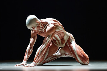 Detailed anatomical model displaying muscle structure in a dynamic pose during an educational demonstration at a medical convention
