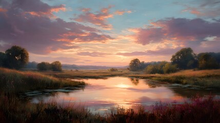 Obraz premium peaceful lake reflecting the golden hues of sunset, surrounded by blooming summer meadows and a soft orange-pink sky overhead