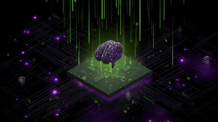 AI brain made of glowing circuits floating in a neon blue digital space, surrounded by data streams and tech particles, isometric view