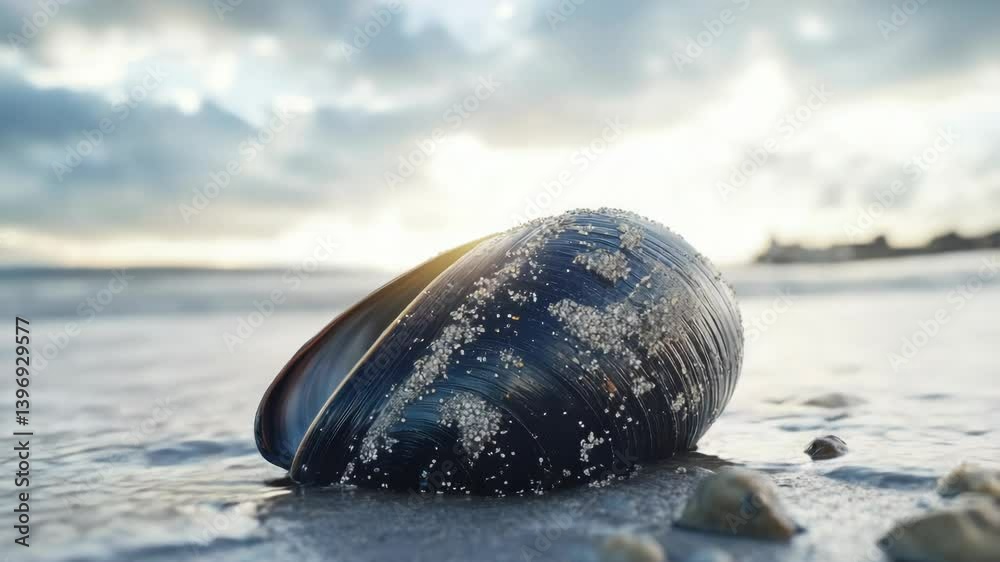 Poster coastline covered with snow, featuring a shell.