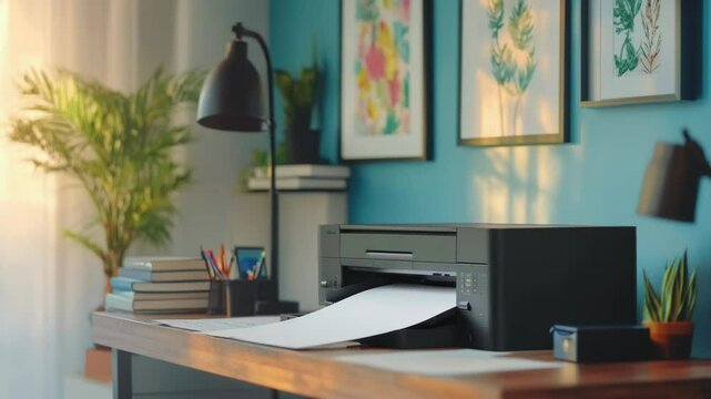 A printer sitting on a wooden desk, ideal for office or home use.