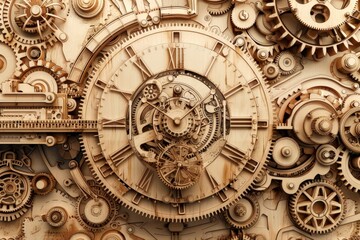 Obraz premium Intricate wooden gears and clock mechanism exposing detailed craftsmanship and artistry in timekeeping technology