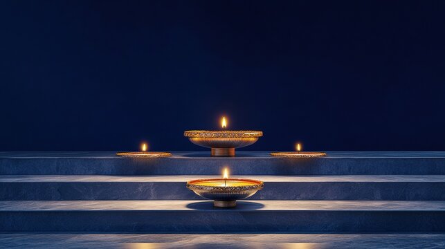 Minimalist Diwali diya lamp arrangement on marble steps, elegant cultural symbol and traditional Indian oil lamps glowing on dark blue background, suitable for festival decoration.