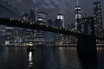 Fototapeta premium A night view of New York City skyline highlighting towering bridge and iconic architecture in a bustling urban atmosphere