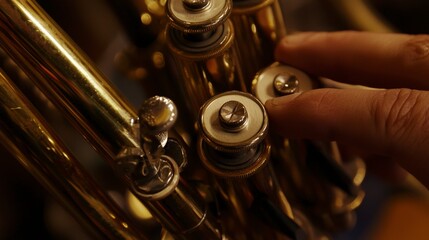 Obraz premium Close-up of Hand Polishing a Gleaming Brass Trombone Finish