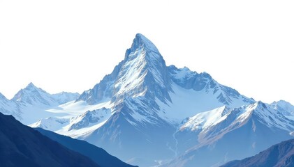 Snow-covered mountain peak against bright white sky, natural landscape, alpine, photography