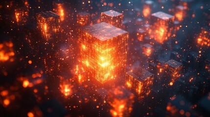 Glowing cubes float amidst dark particles; a tech landscape with depth and intricate detail