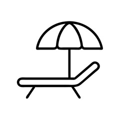Beach chair with umbrella icon in black outline on white background