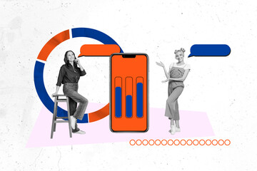 Collage poster template trend artwork sketch of smartphone display aged woman young lady smile speech cloud target stats graphics charts