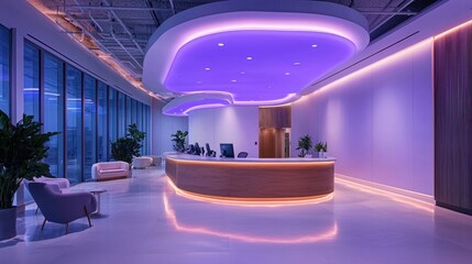 Modern, spacious reception area with curved reception desk, illuminated by soft purple lights, featuring minimalist design elements and a contemporary aesthetic.