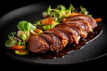 Sliced roasted duck breast served with vegetables and sauce on a plate