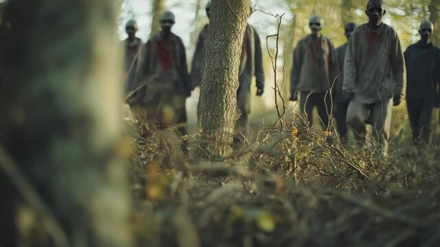 Group of undead creatures wandering through dense woods, possibly in search of prey or escape.