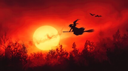 Silhouette of witch flying on broomstick against red sunset with bats. Halloween, All Hallows Eve, Samhain - Spooky Holiday Season, Fall Festival Celebration