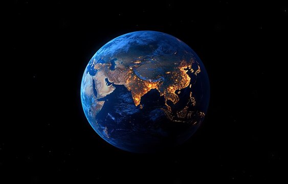 A satellite picture of Earth at night, showing city lights, indicates human activity in India, China, South Korea, and Japan, with elements included in the image