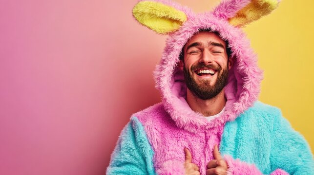 Cheerful young caucasian man in colorful fluffy bunny costume smiling. Easter, Pascha, Paskha, Ostern, Pascua, Paques - Orthodox and Catholic Holiday celebration