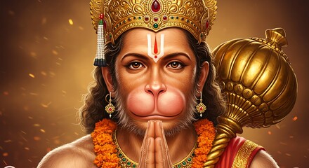 Majestic illustration of Hanuman with golden mace and detailed ornamentation