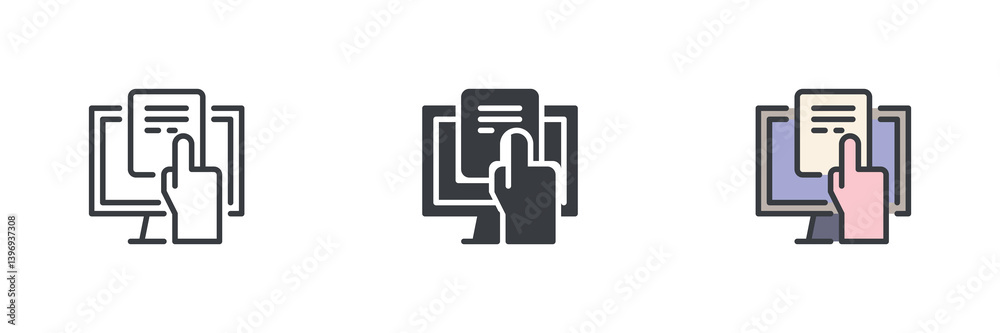 Poster hand clicking a document on a computer monitor different style icon set