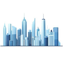 A vector illustration of city skyline, simple flat design with clean lines in shades of blue transparent  background, png