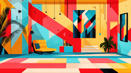 Vibrant Chic Interior Illustration with Geometric Patterns, Bold Colors, Tropical Plants, and Mustard Yellow Chaise Lounge for Modern Home Decor