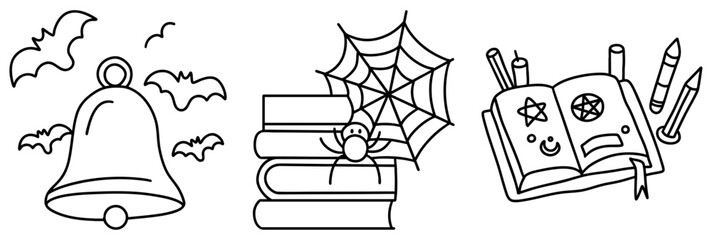 Halloween brings spooky vibe to school with bats, bell, and spider on books, creating fun atmosphere