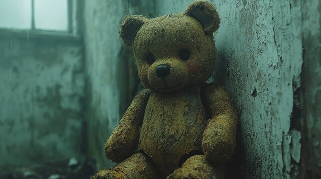 Abandoned teddy bear in a dilapidated room