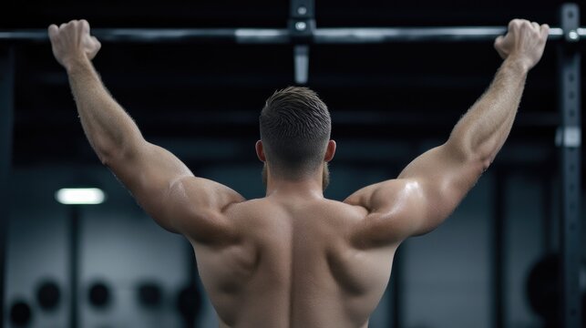 Muscular man performing barbell row exercise.  Strong back muscles engaged