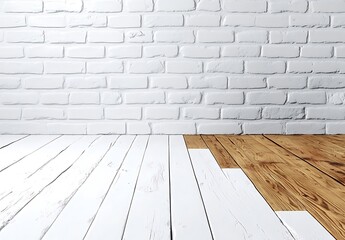 Fototapeta premium Whitewashed Wood Floor and White Brick Wall Interior