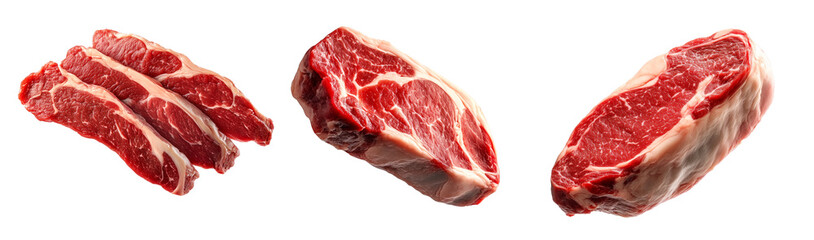 Fototapeta premium Set of pork shoulder steak showcasing marbled texture isolated on white background, emphasizing freshness and quality.