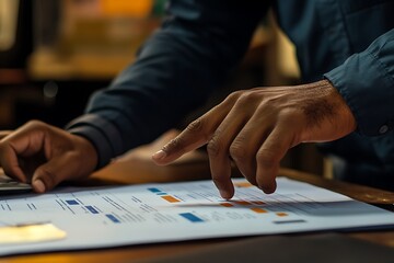 Man Analyzes Graphs and Charts with Hands, Report Review in Soft Lighting
